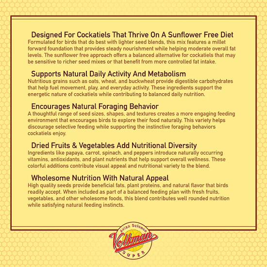 Volkman's Avian Science Super Cockatiel No Sunflower - 20lb Bag - WHOLESOME NUTRITION WITH NATURAL APPEAL