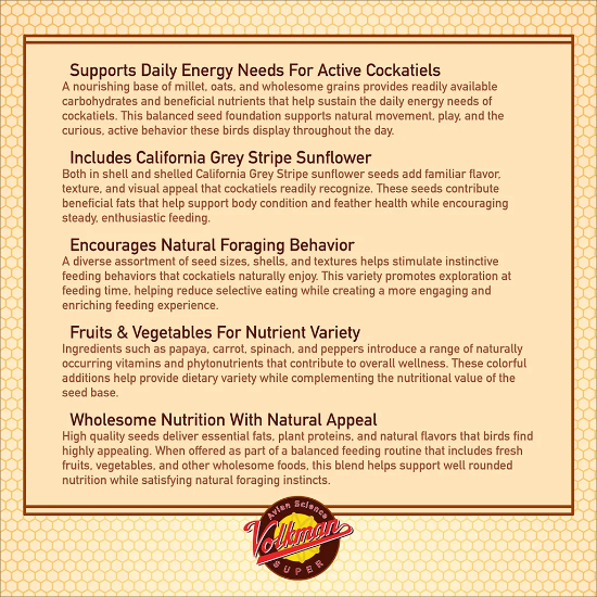 Avian Science Cockatiel with Sunflower is thoughtfully formulated to support the nutritional needs and natural feeding behaviors of cockatiels - 20lb bag
