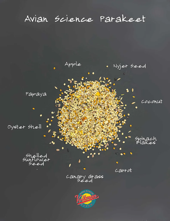 Volkman's Avian Science Super Parakeet Seed Mix 20lb bag has natural fats from seeds and grains help maintain feather quality and support skin health. 