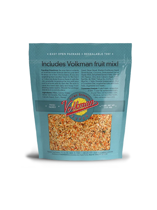 Volkman's Avian Science Super Parakeet 4lb bag formulated to support the daily energy needs of parakeets with a blend of millet, seeds, and grains suited to small hookbill birds.