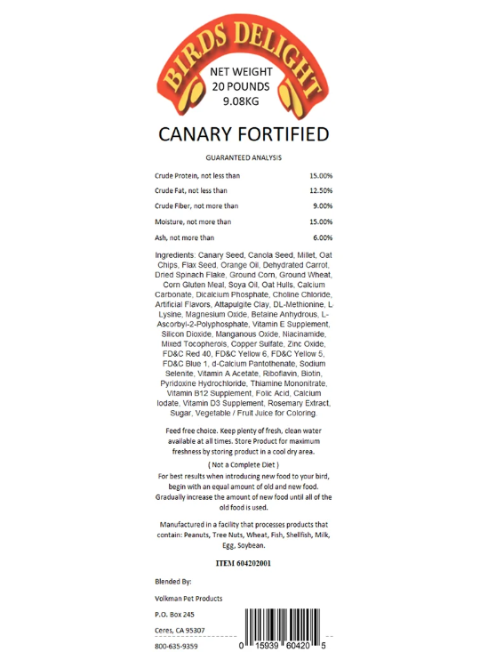 Volkman's Bird's Delight Canary Fortified Seed Mix - 20lb bag - Ingredients List