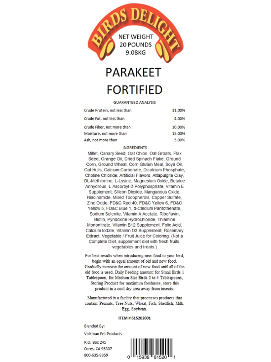 Bird’s Delight Parakeet Fortified 20lb - volkmans-birds-delight-parakeet-20lb