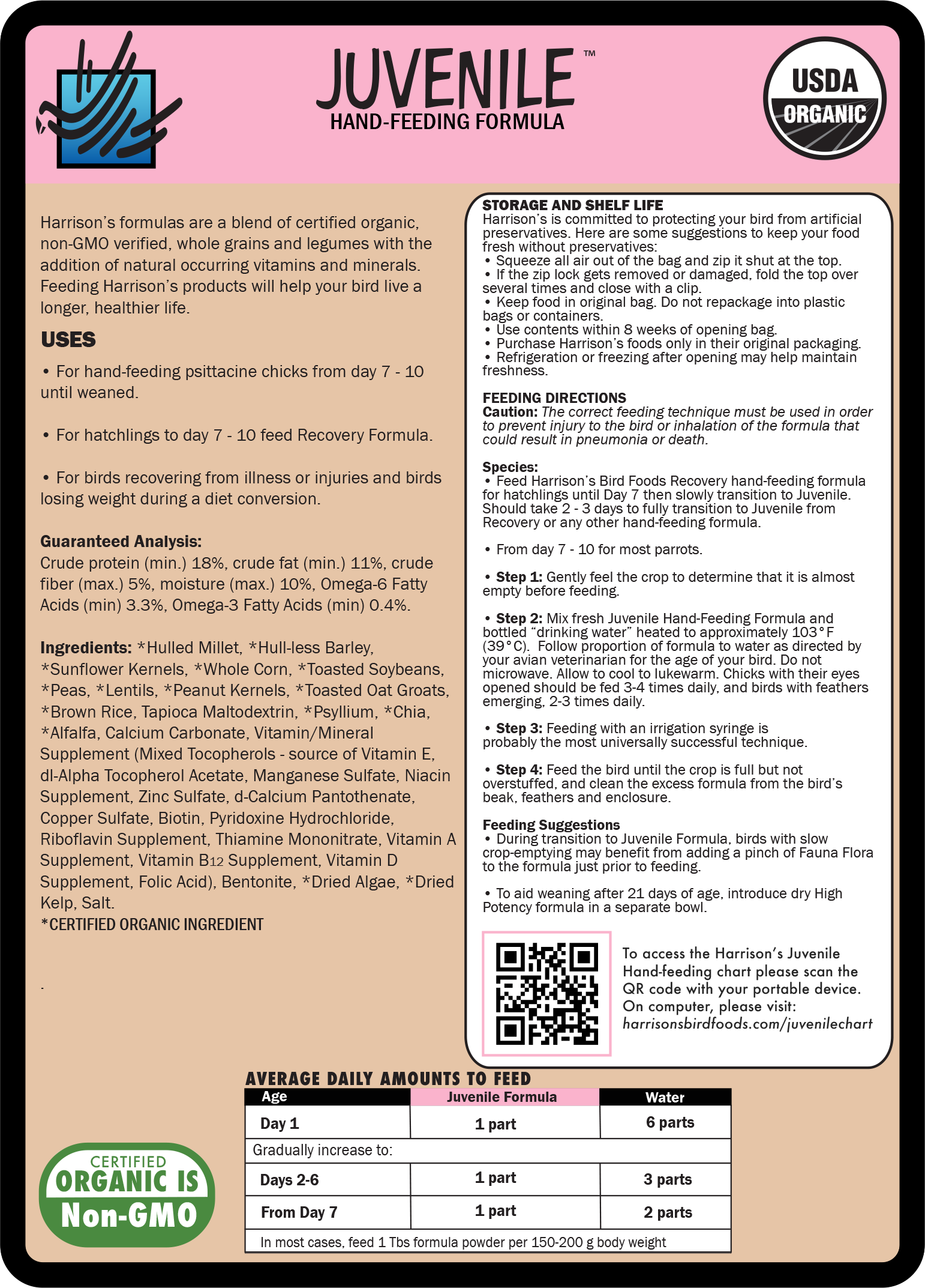 Harrison's Juvenile Hand Feeding Formula - organic formula for hand feeding psittacine chicks until weaning or birds recovering from illness or injuries 