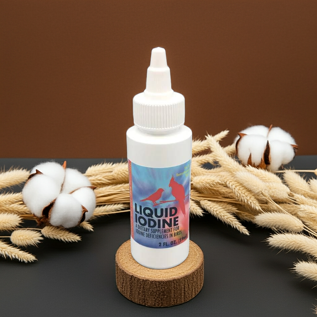 Morning Bird Products Liquid Iodine Supplement for cage Birds - Lady Gouldian Finch Supplies USA - 2 and 4oz bottle
