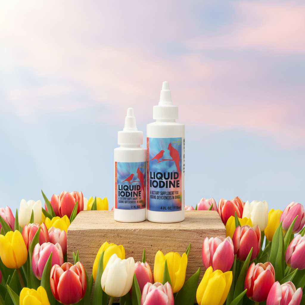 Morning Bird Products Liquid Iodine Supplement for cage Birds - Lady Gouldian Finch Supplies USA - 2 and 4oz bottle