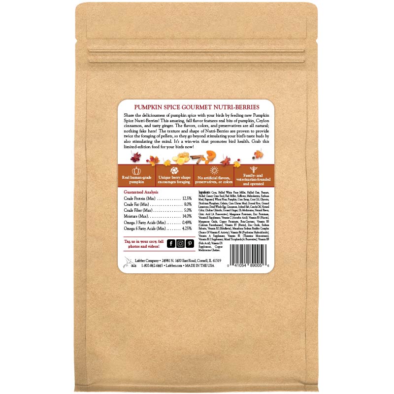 LIMITED EDITION Pumpkin Spice Nutri-Berries for Small Birds - Lafeber's - Package back