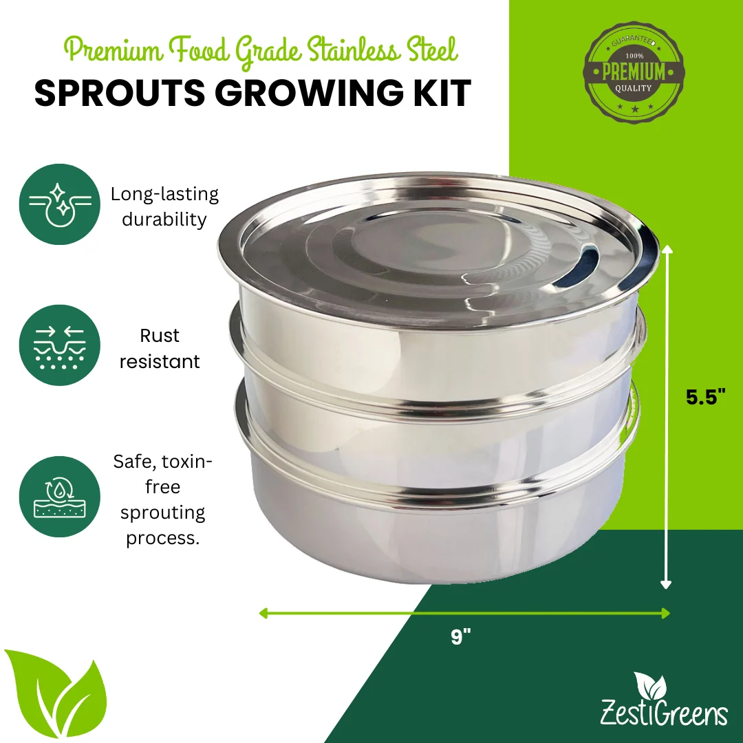 ZestiGreens Stainless Steel three-tier sprouting kit!  Free Sprouts and a Food Scraper included
