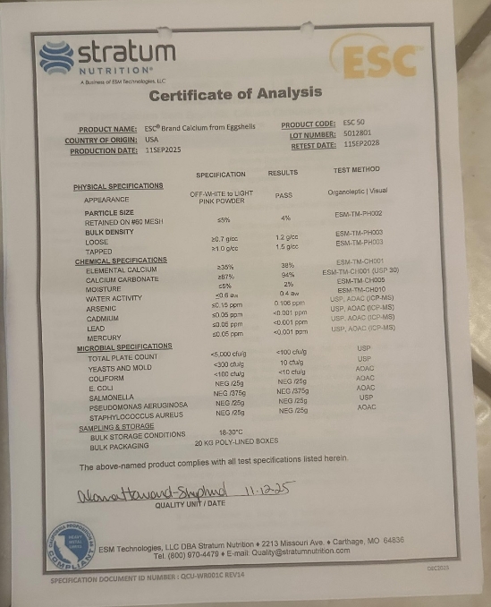 ESC Powdered Eggshell from Stratum Nutrtion - Food Grade - Natural Calcium Supplement - Certificate of Analysis