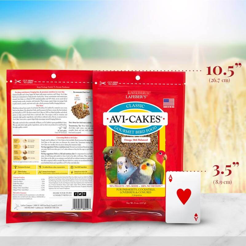 Lafeber Avi-Cakes Small Bird 8oz - Package front and back - Non GMO Bird Food - Glamorous Gouldians