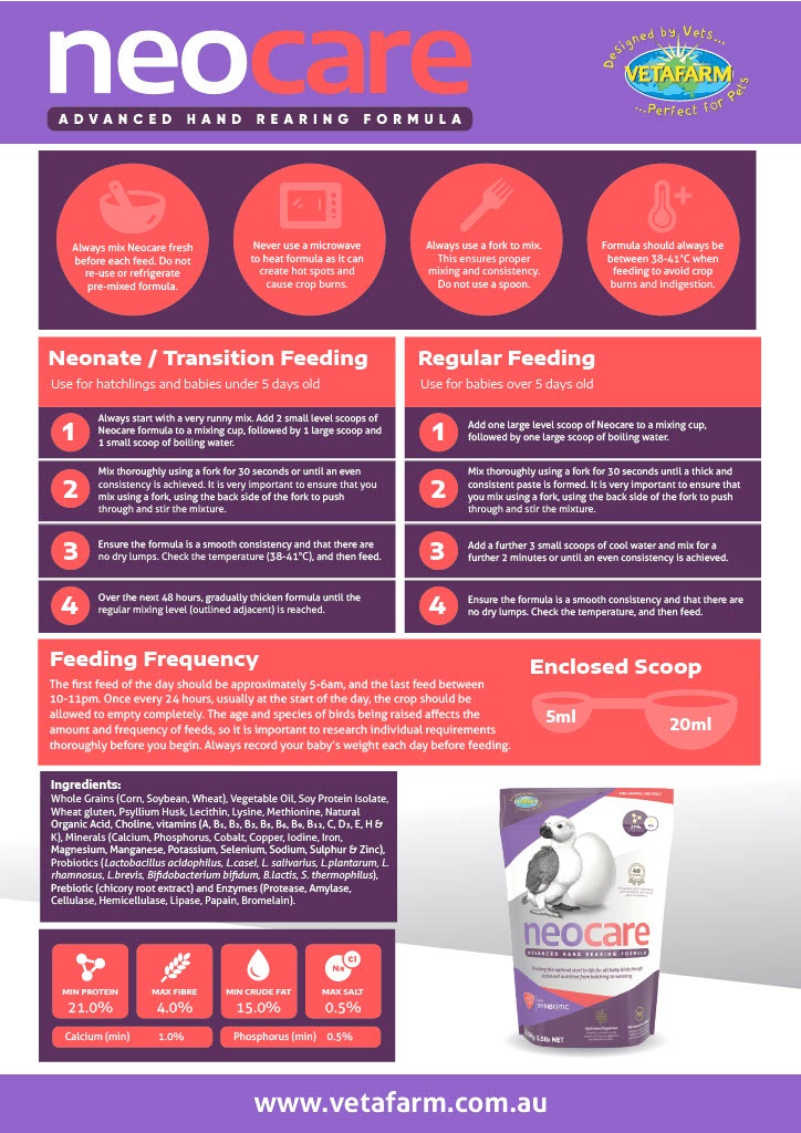 Vetafarm Neocare Hand Feeding Formula - Lady Gouldian Finch Hand Feeding Supplies - informational flyer