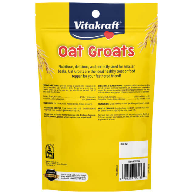 Vitakraft Oat Groats - Treat for Parakeets and Other Small Birds - 8 oz bag - Back side of Package