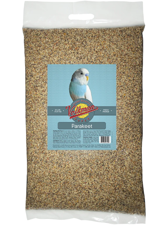 Volkman's Avian Science Super Parakeet Seed Mix 20lb bag has natural fats from seeds and grains help maintain feather quality and support skin health. 